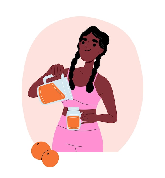 Vecteur fille manger et boire concept femme avec des oranges et une cruche de jus dessert et délicatesse boisson graphique