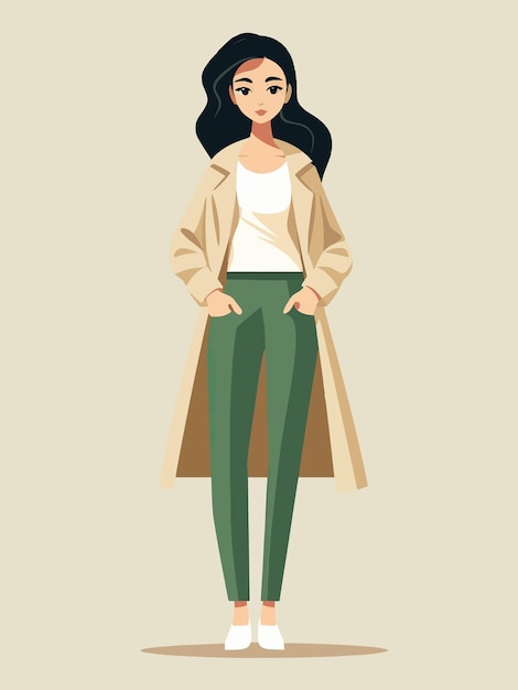 Une fille en manteau avec un t-shirt blanc et un pantalon vert.