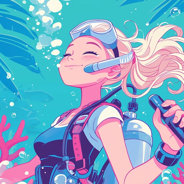 Vecteur une fille de miami fait de la plongée sous-marine dans le style des dessins animés