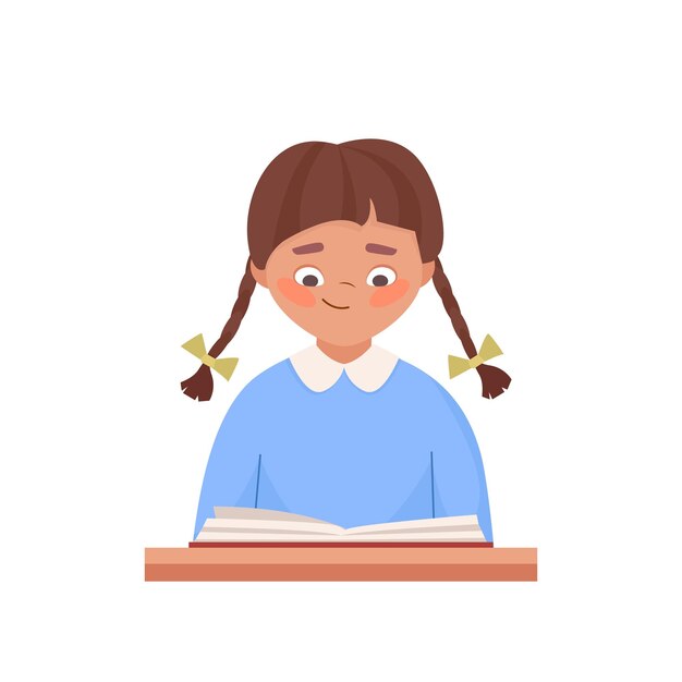 Fille mignonne assise au bureau de l'école et lisant un livre en classe enfant heureux caractère étude et faire les devoirs