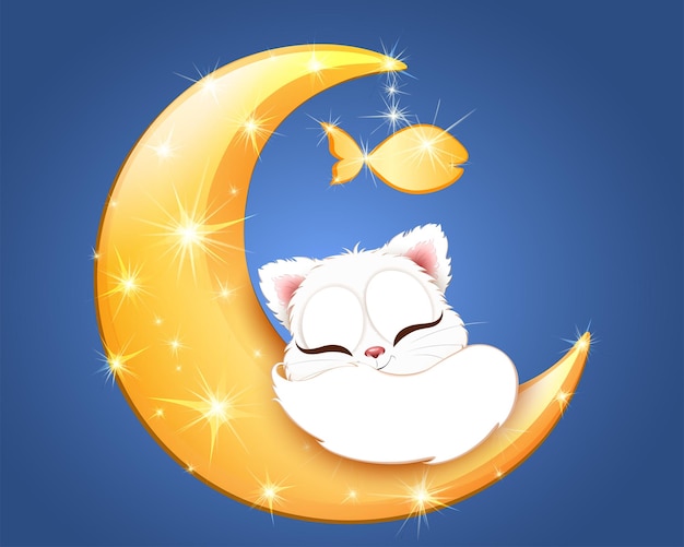 Fille mignonne de chat blanc de dessin animé sur la lune d'or brillante avec le poisson d'or de jouet