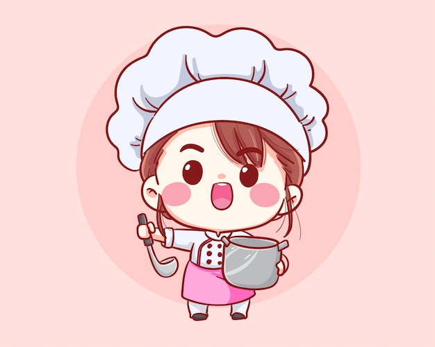 Fille Mignonne De Chef Boulangerie Cuisson Souriant Logo Illustration Dessin Animé Art.