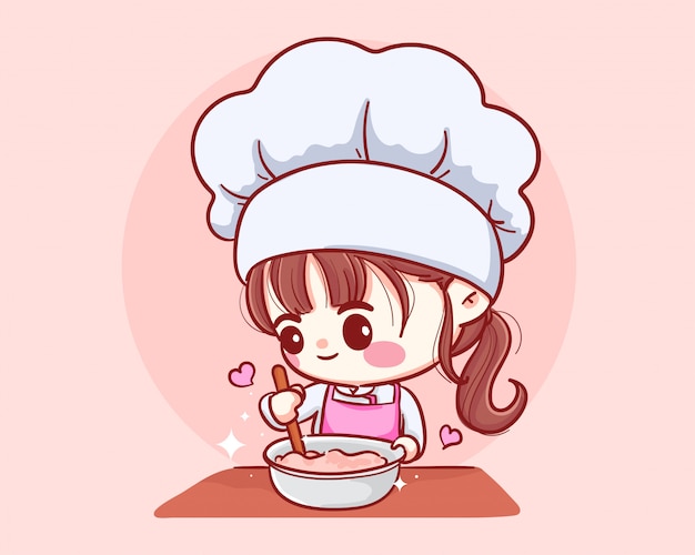 Fille mignonne de chef boulangerie cuisson souriant logo illustration dessin animé art.