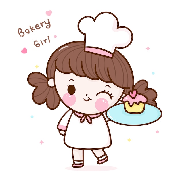 Fille Mignonne De Chef Tenant Kawaii De Dessin Animé De Petit Gâteau