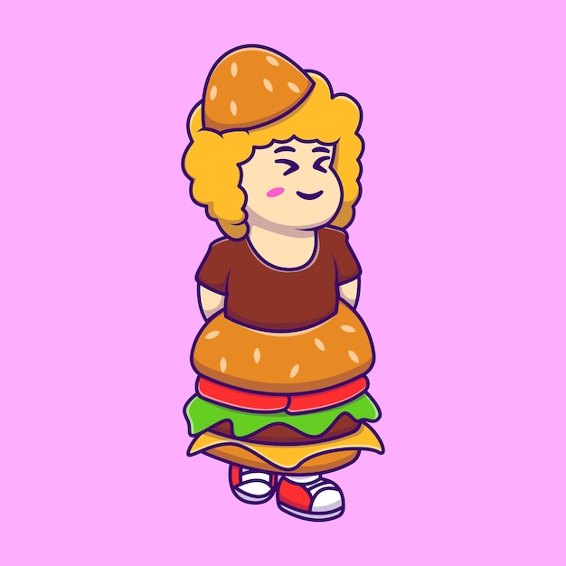 Fille Mignonne Portant Un Costume De Burger Cartoon Icons Vectoriels Illustration Concept De Dessin Animé Plat