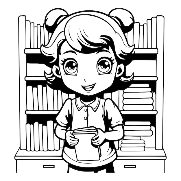 Vecteur fille mignonne tenant un livre dans la bibliothèque illustration de dessin animé en noir et blanc