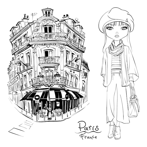 Fille mignonne de vecteur sur une rue de paris à paris france illustration en noir et blanc pour cahier de coloriage