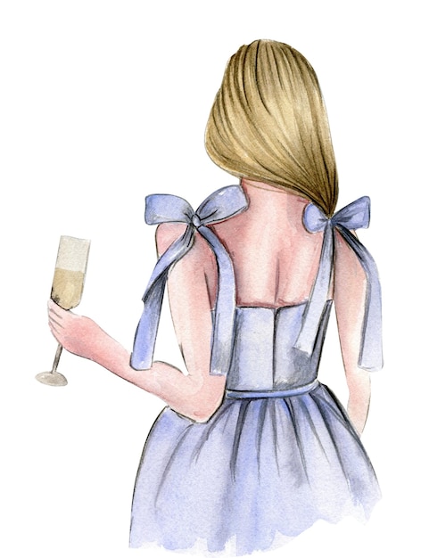 Fille de mode aquarelle avec champagne