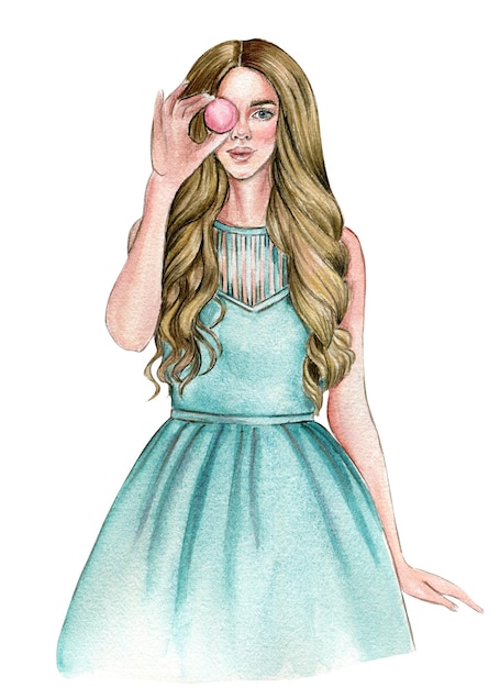 Fille de mode aquarelle avec des cheveux blonds rouges et noirs en robe bleue