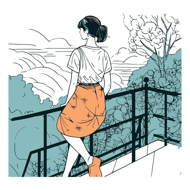 Vecteur une fille à la mode en sketch sur le balcon.