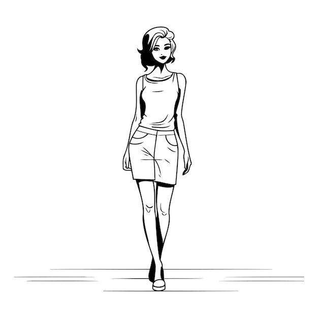 Vecteur une fille à la mode en sketch sur fond blanc