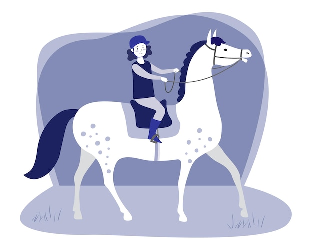 La Fille Monte Un Cheval Blanc. La Fille Apprend à Monter à Cheval. Illustration Monochrome Bleu Dessiné à La Main