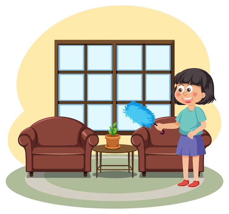 Vecteur une fille de nettoyage de salon