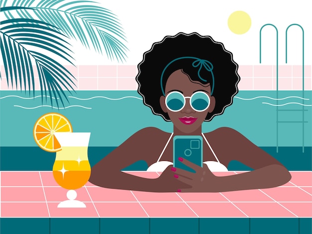 Vecteur fille noire avec cocktail et smartphone dans la piscine