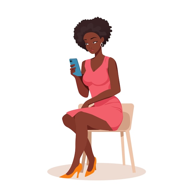 Vecteur une fille noire qui regarde son téléphone.