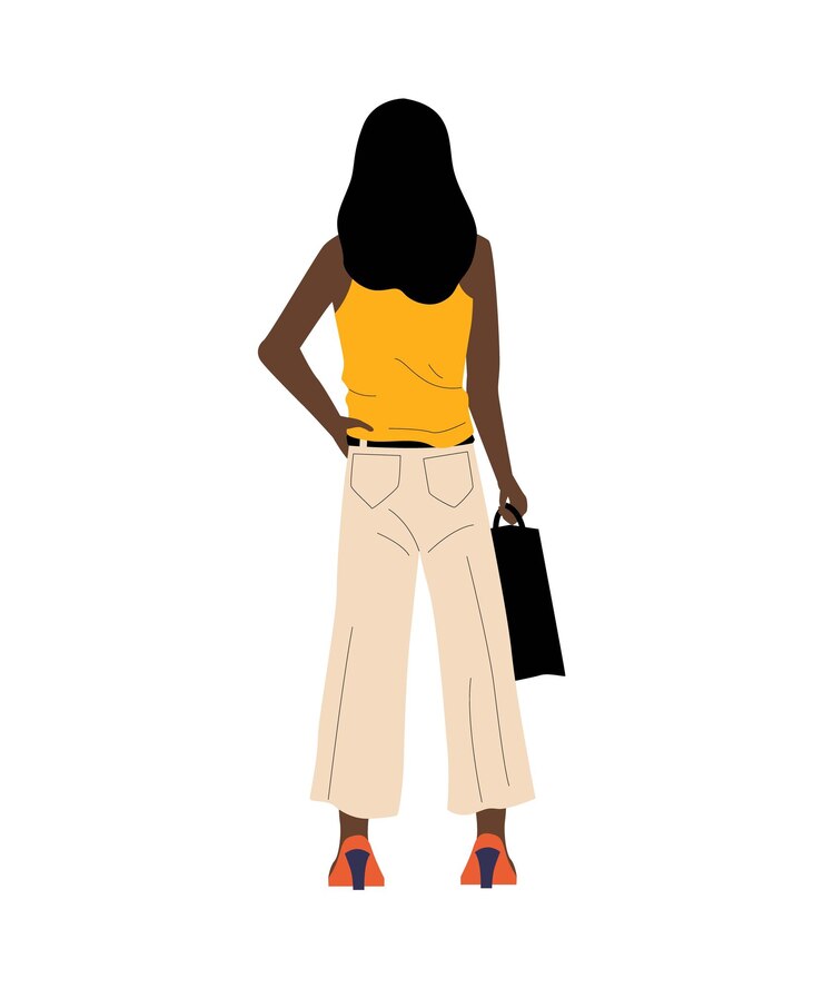 Fille noire avec sac à main vue de derrière sur femme debout dessin animé seul personnage féminin dans des vêtements d'été décontractés avec sac à main tenue tendance vecteur isolé mignon personne africaine regardant vers l'avant
