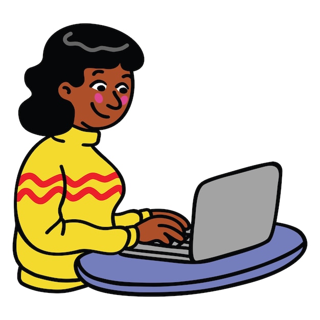 Vecteur fille avec ordinateur portable sur la table illustration de dessin animé mignon