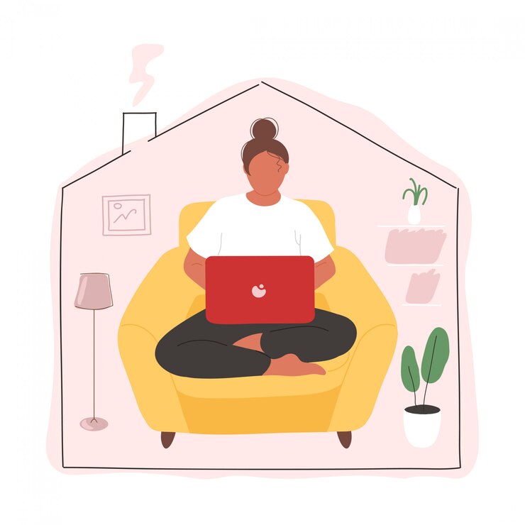 Vecteur fille avec ordinateur portable travaillant à domicile en fauteuil