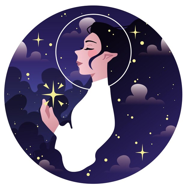 Vecteur fille parmi les nuages et les étoiles, fille dans le ciel, fille de la lune