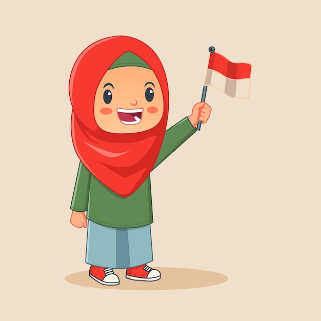 Une fille patriotique indonésienne portant un hijab et le drapeau indonésien