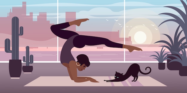 Vecteur une fille à la peau foncée avec un chat pratique le yoga à la maison.