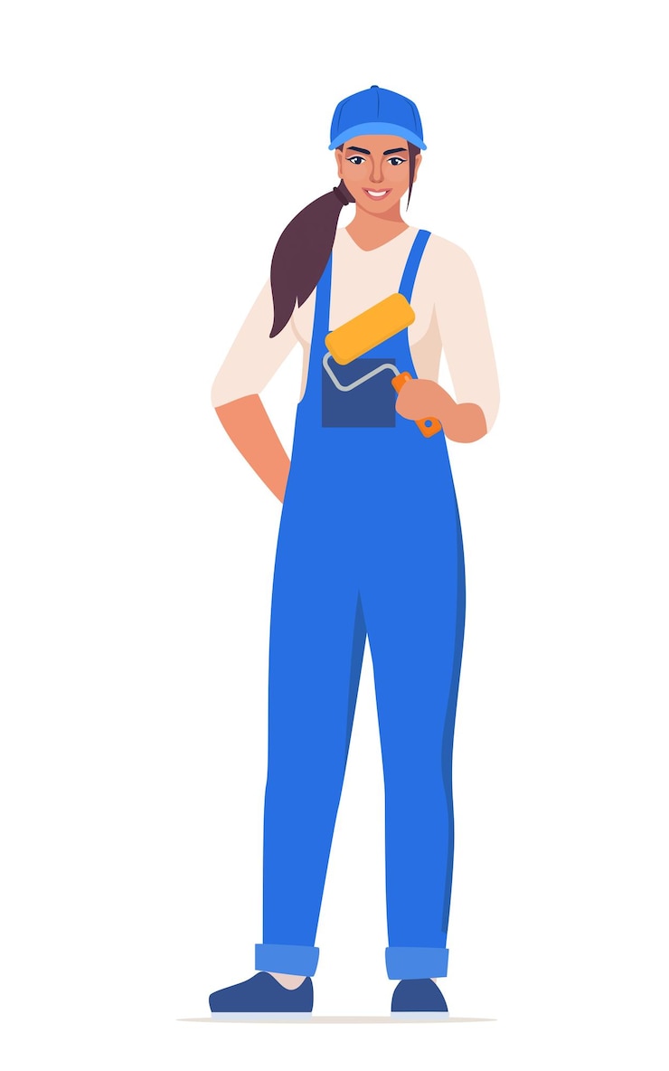 Vecteur fille peintre personnage de femme en uniforme bleu illustration vectorielle