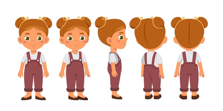 Vecteur fille de personnage définie kid dans des vêtements décontractés sous différents angles écolier et enfant d'âge préscolaire pack pour les animations modèle et mise en page collection de vecteurs plats de dessins animés isolées sur fond blanc