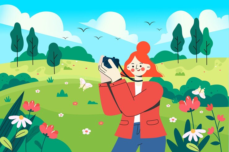 une fille photographiant un paysage naturel au printemps