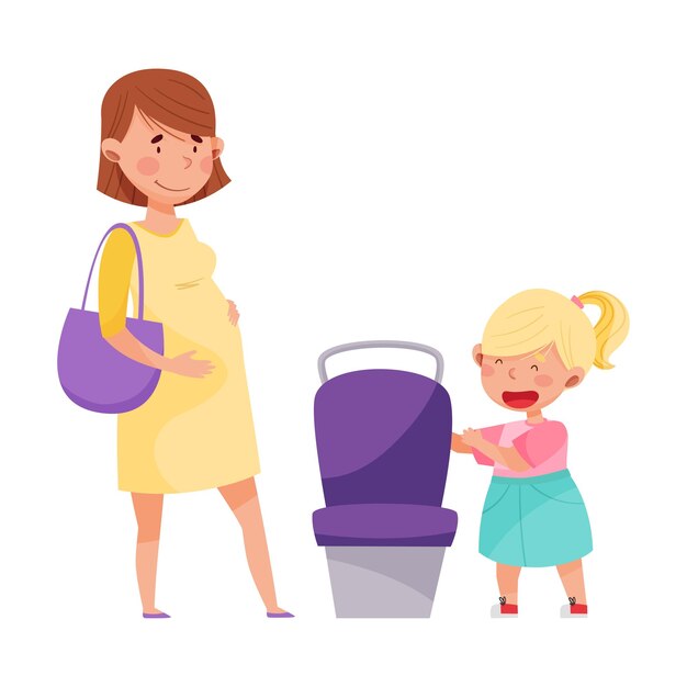 Vecteur une fille polie cédant un siège à une femme enceinte dans les transports en commun illustration vectorielle