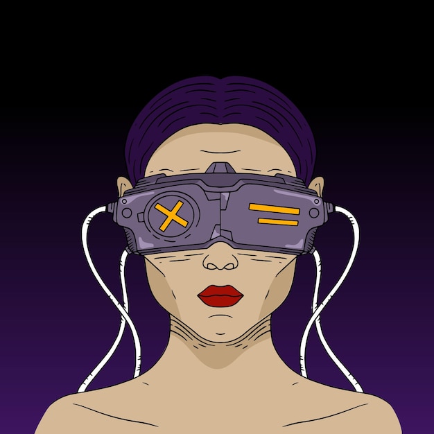 Vecteur une fille portant des lunettes virtuelles entre dans le cyberespace