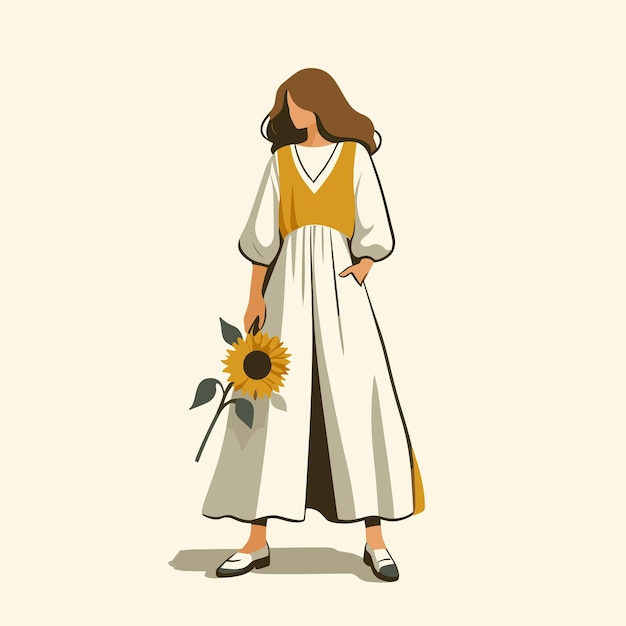 Vecteur fille portant une robe jaune et blanche minimale et tenant un tournesol fille debout illustration artistique