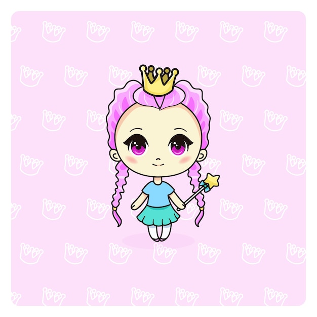 Fille Princesse Mignonne Et Kawaii. Heureusement Manga Chibi Fille Avec Couronne. Illustration Vectorielle.