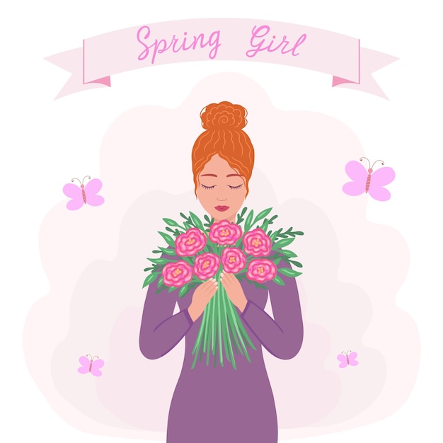 Fille de printemps femme avec un bouquet de fleurs illustration dessinée à la main