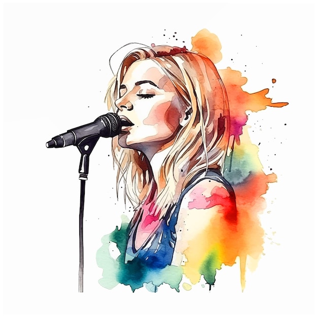 Une fille qui chante de la peinture aquarelle