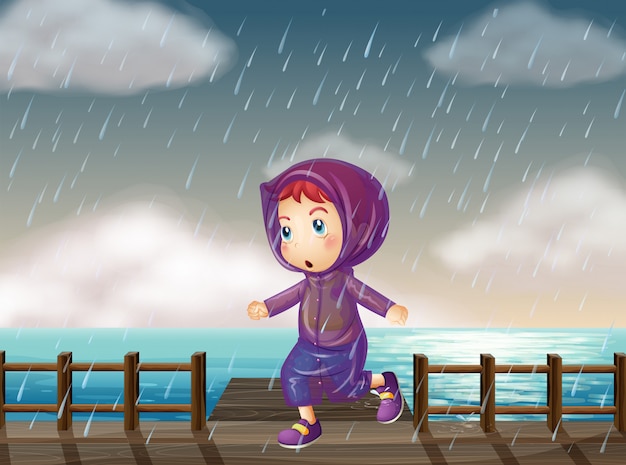 Vecteur fille qui court sous la pluie sur la jetée