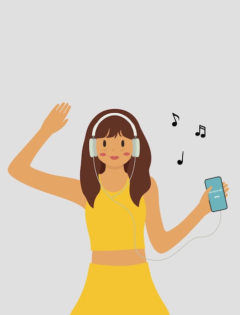 Vecteur fille qui danse, écoute de l'application de podcast musical sur smartphone, livre audio. dj radio, blog