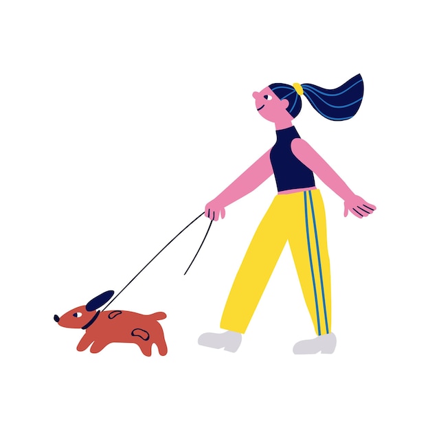 Fille Qui Marche Avec Illustration Vectorielle De Chien Personnage De Dessin Animé Moderne