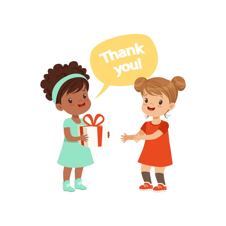Vecteur une fille remercie un ami pour un cadeau enfants bonnes manières concept vecteur illustration isolée sur un fond blanc