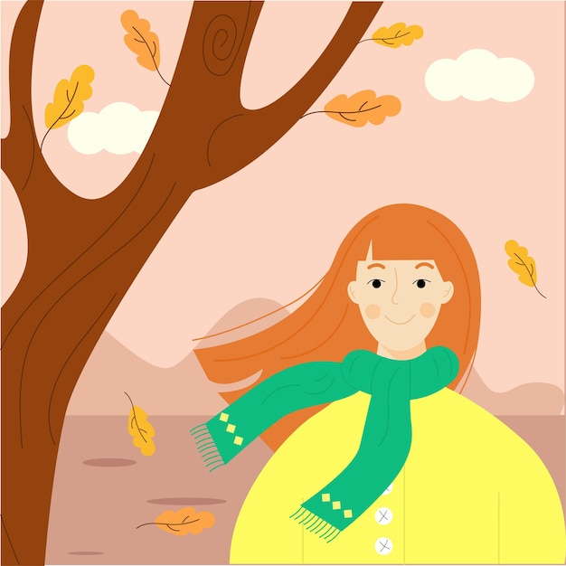 La Fille Rousse Automne à Côté De L'arbre Et Des Feuilles Qui Tombent Dans Une Veste Jaune Et Une écharpe Verte