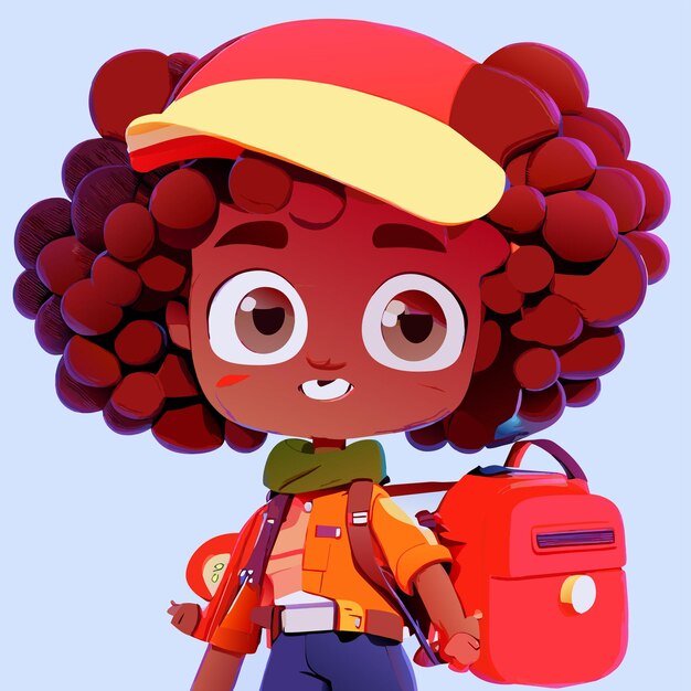 Vecteur fille avec sac d'école marchant dessinée à la main plate autocollant de dessin animé élégant concept d'icône isolé