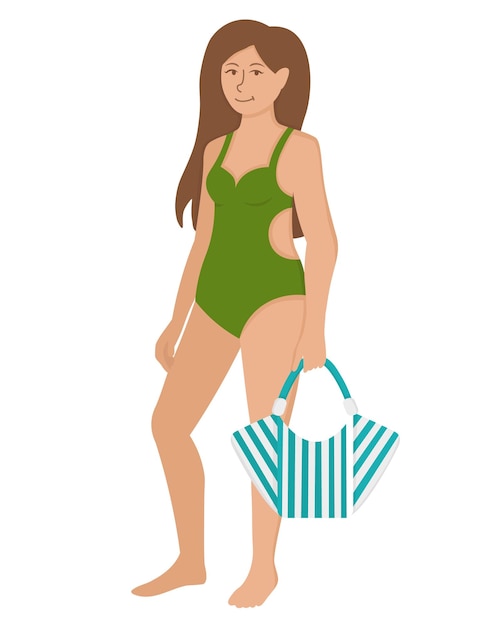 Fille Avec Un Sac De Plage. Doodle Clipart Plat. Tous Les Objets Sont Repeints.