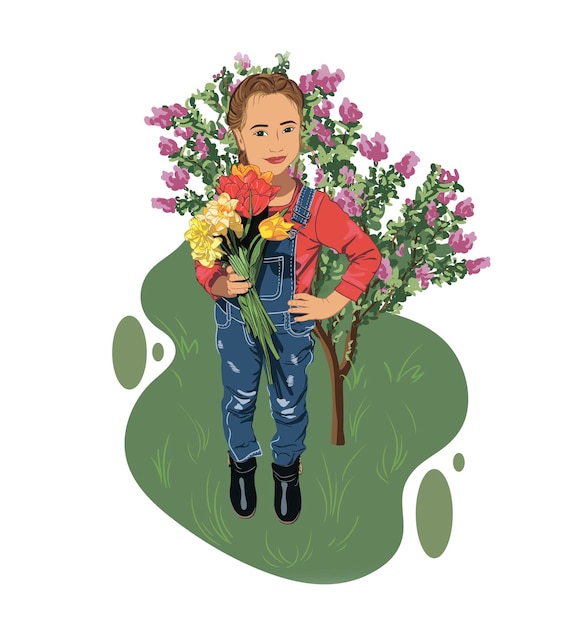 Vecteur une fille en salopette en jean, un pull rouge avec un bouquet de fleurs printanières