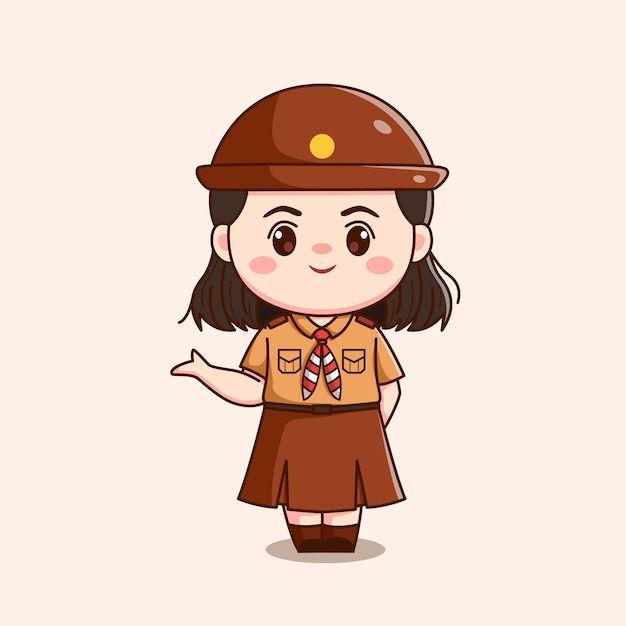 Une Fille Scout Indonésienne Saluant Une Jolie Illustration De Personnage Kawaii Chibi