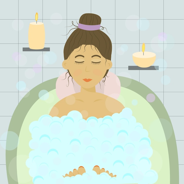 Fille se détend dans la salle de bain avec des bulles de savon