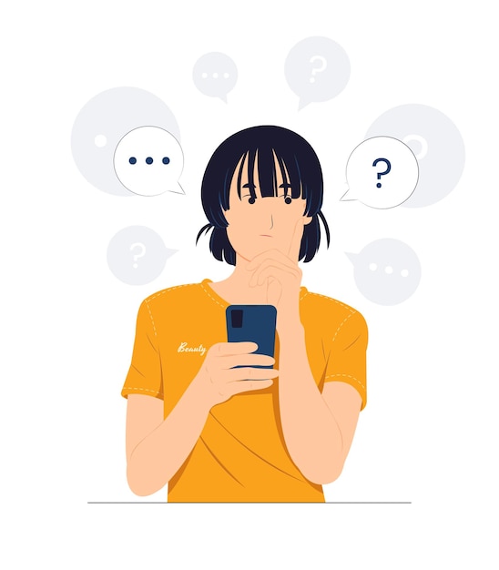 Fille Se Sentant Confuse Tout En Tenant Un Téléphone Intelligent Avec Interrogé, Pensant Et Confus Avec Un Point D'interrogation Levant Avec Une Illustration De Concept D'expression Focalisée Réfléchie