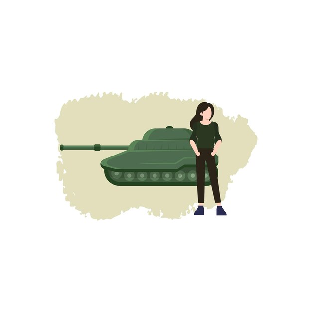 Vecteur une fille se tient devant un tank avec le mot tank dessus.