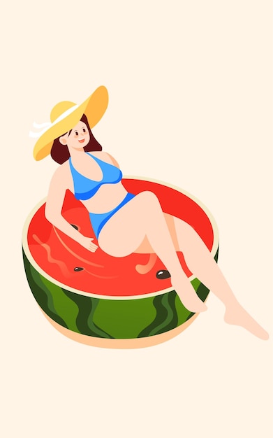 La fille se trouve sur une pastèque et nage dans une illustration vectorielle de piscine