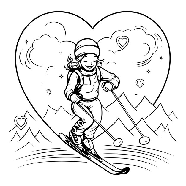 Vecteur fille skiant dans les montagnes illustration vectorielle en noir et blanc pour livre à colorier