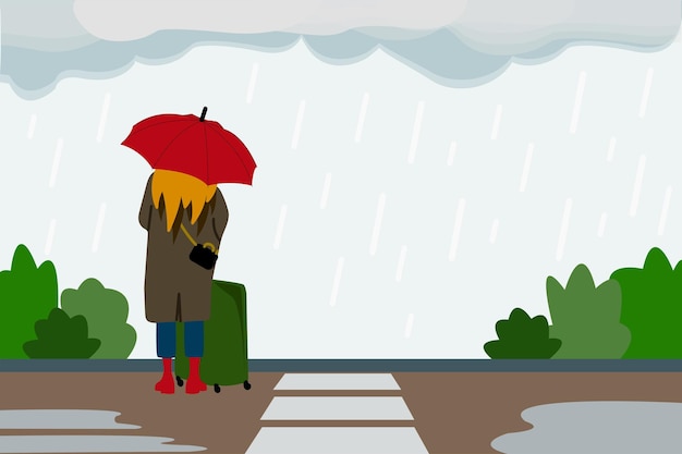 Vecteur une fille solitaire avec un parapluie sous la pluie est seule dans la rue le concept de problèmes de santé mentale souffrance de chagrin