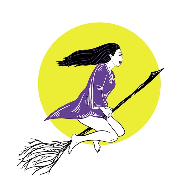 Fille De Sorcière Volant Sur Un Balai Sur Fond De Lune Dessinée à La Main En Couleur Dans Un Doodle.